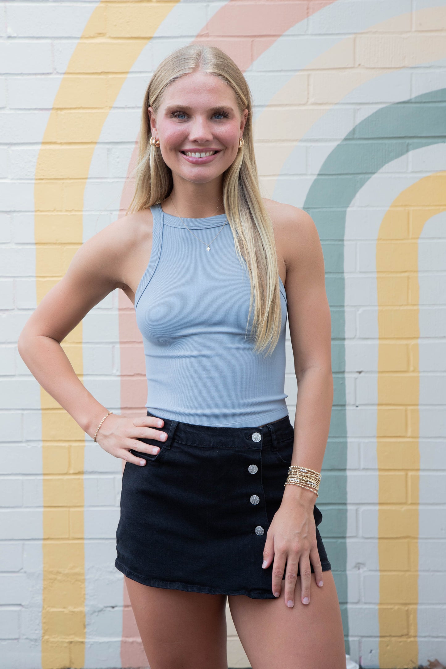  Antonella Bib Rib Round Hem Cami, Light Blue
