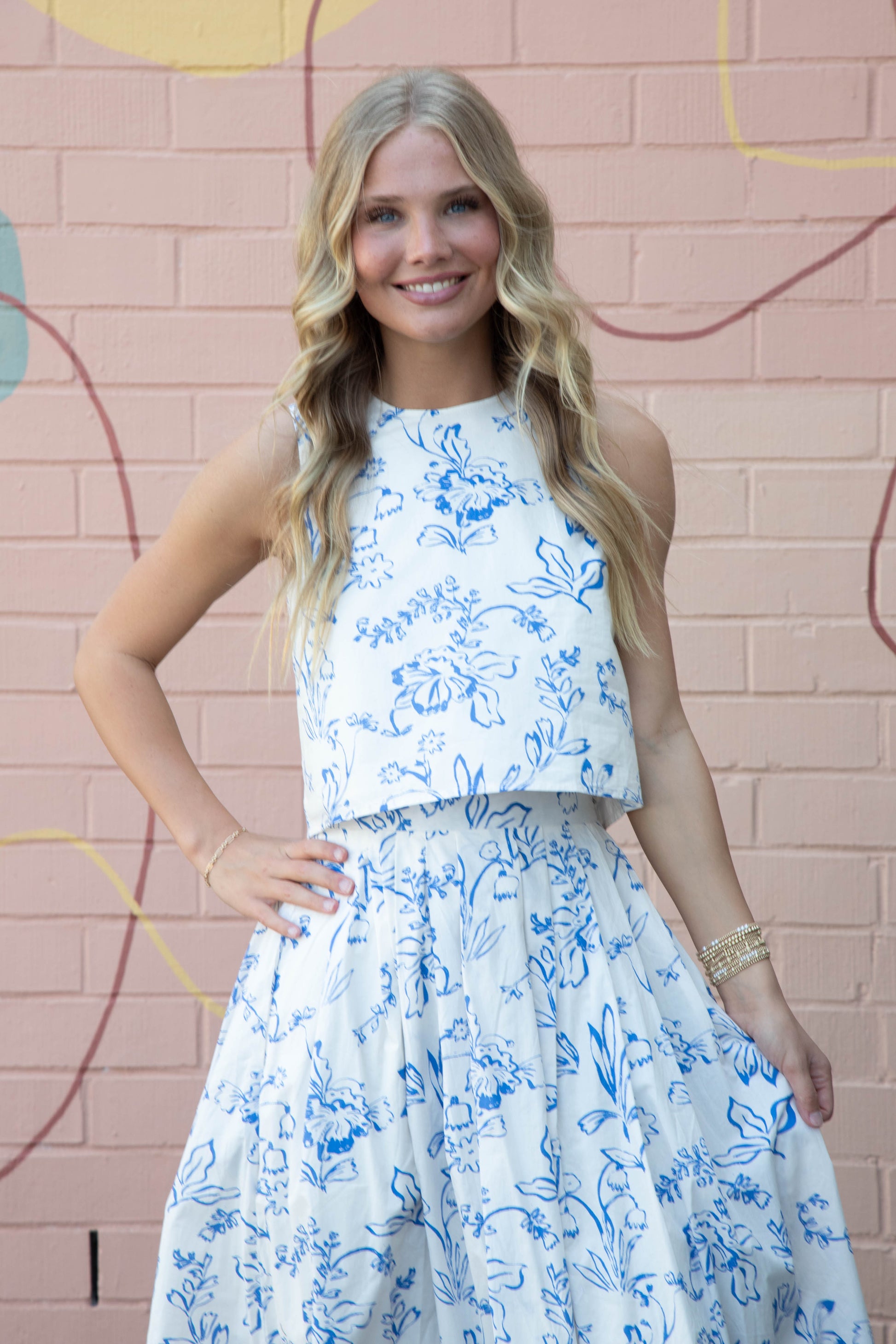  Brynn Floral Pleated Midi Skirt, Cream Blue
