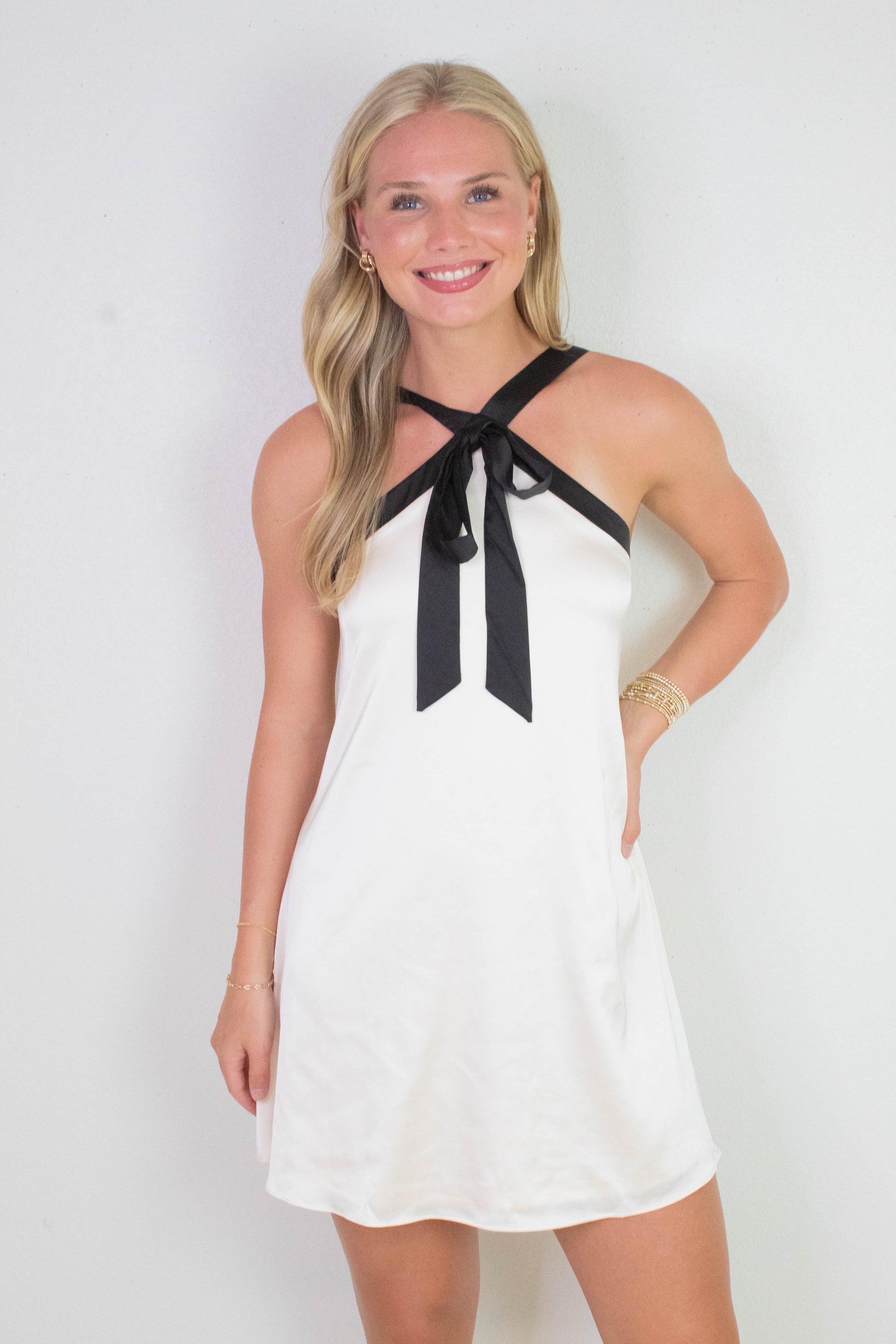  Tabitha Two Tone Halter Neck Dress, Champagne/Black