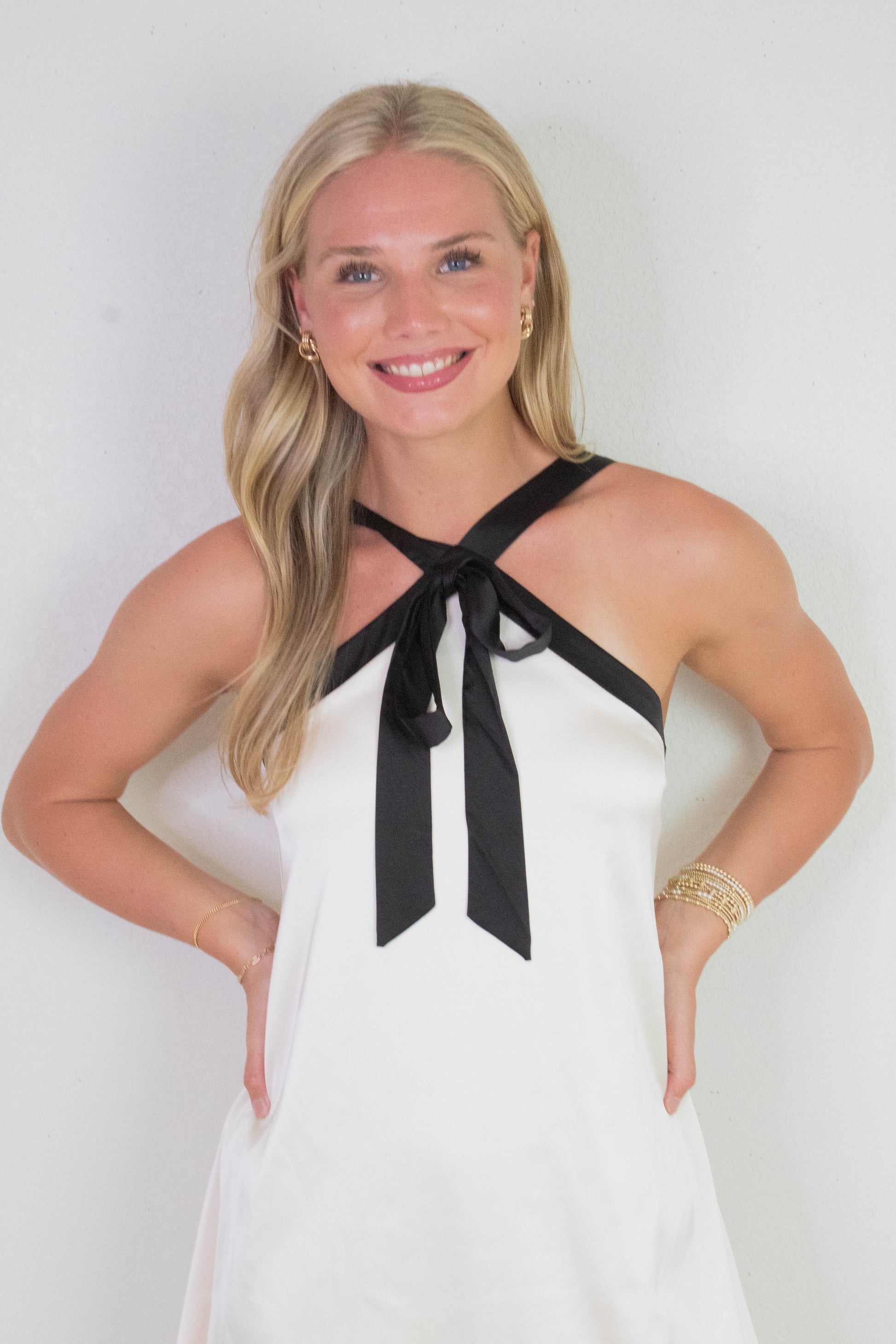  Tabitha Two Tone Halter Neck Dress, Champagne/Black