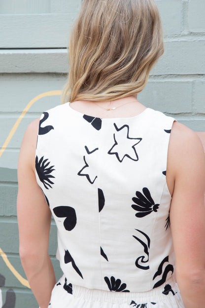  Priscilla Doodle Print Linen Vest, Cream