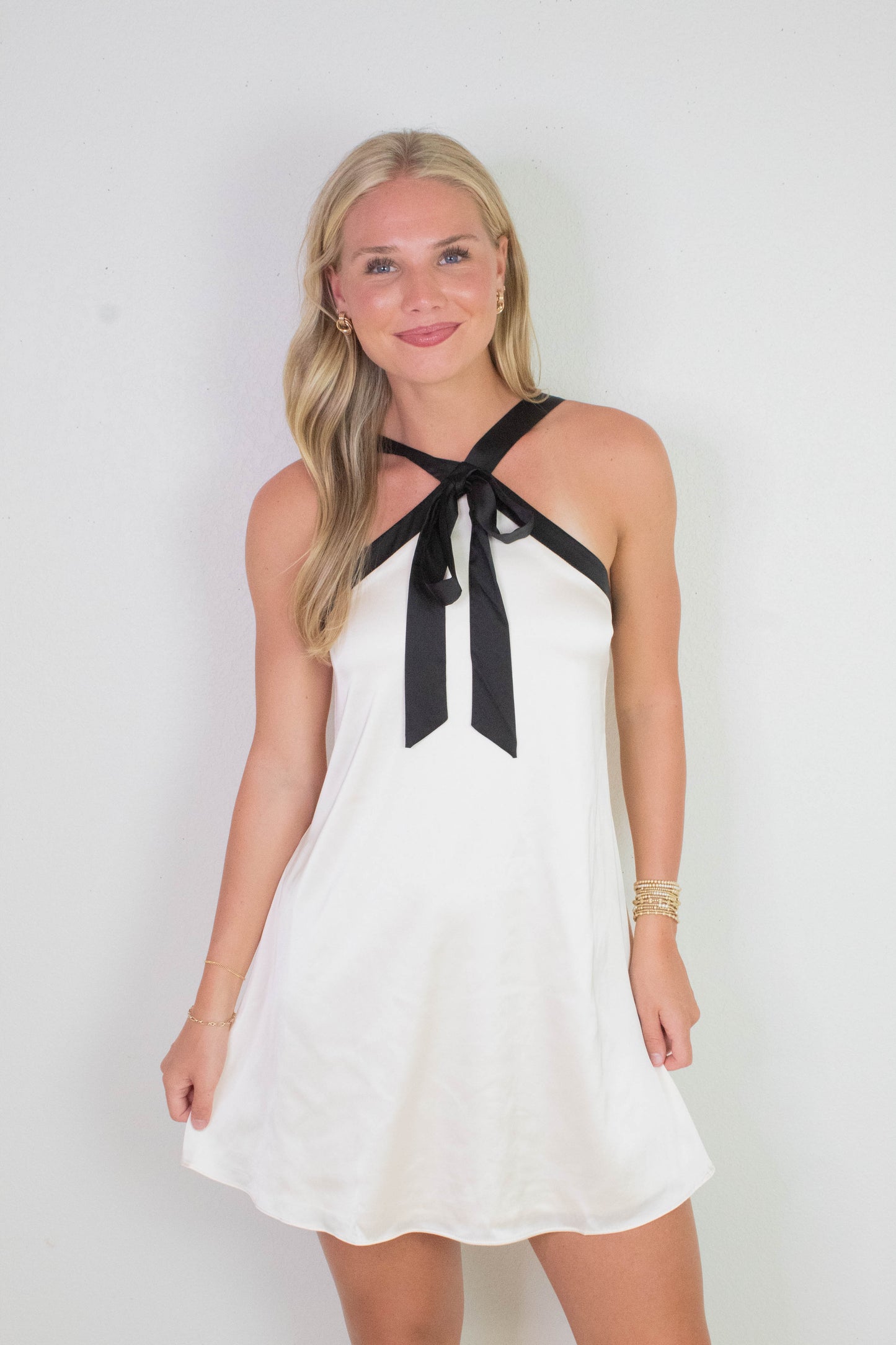  Tabitha Two Tone Halter Neck Dress, Champagne/Black