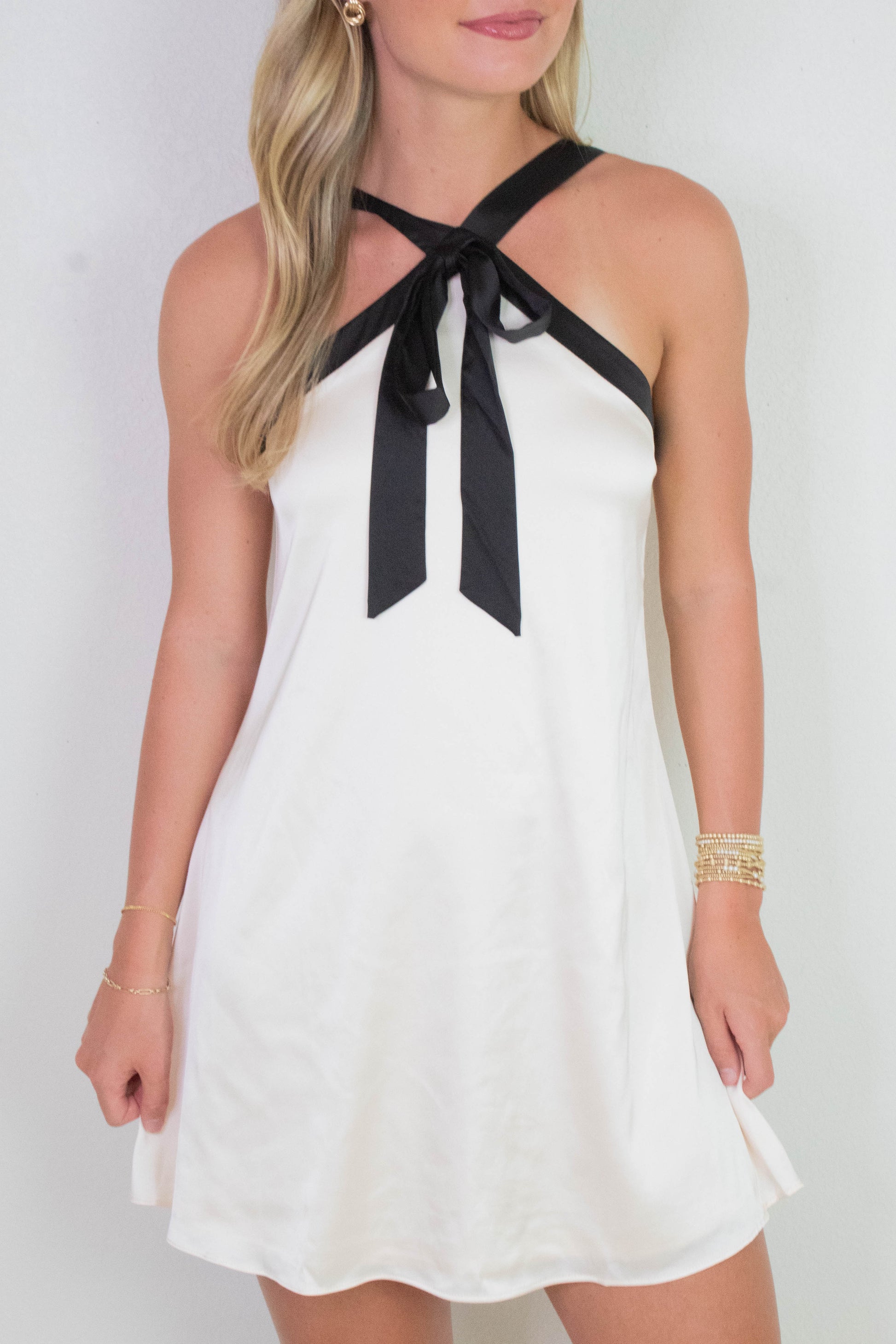 Tabitha Two Tone Halter Neck Dress, Champagne/Black