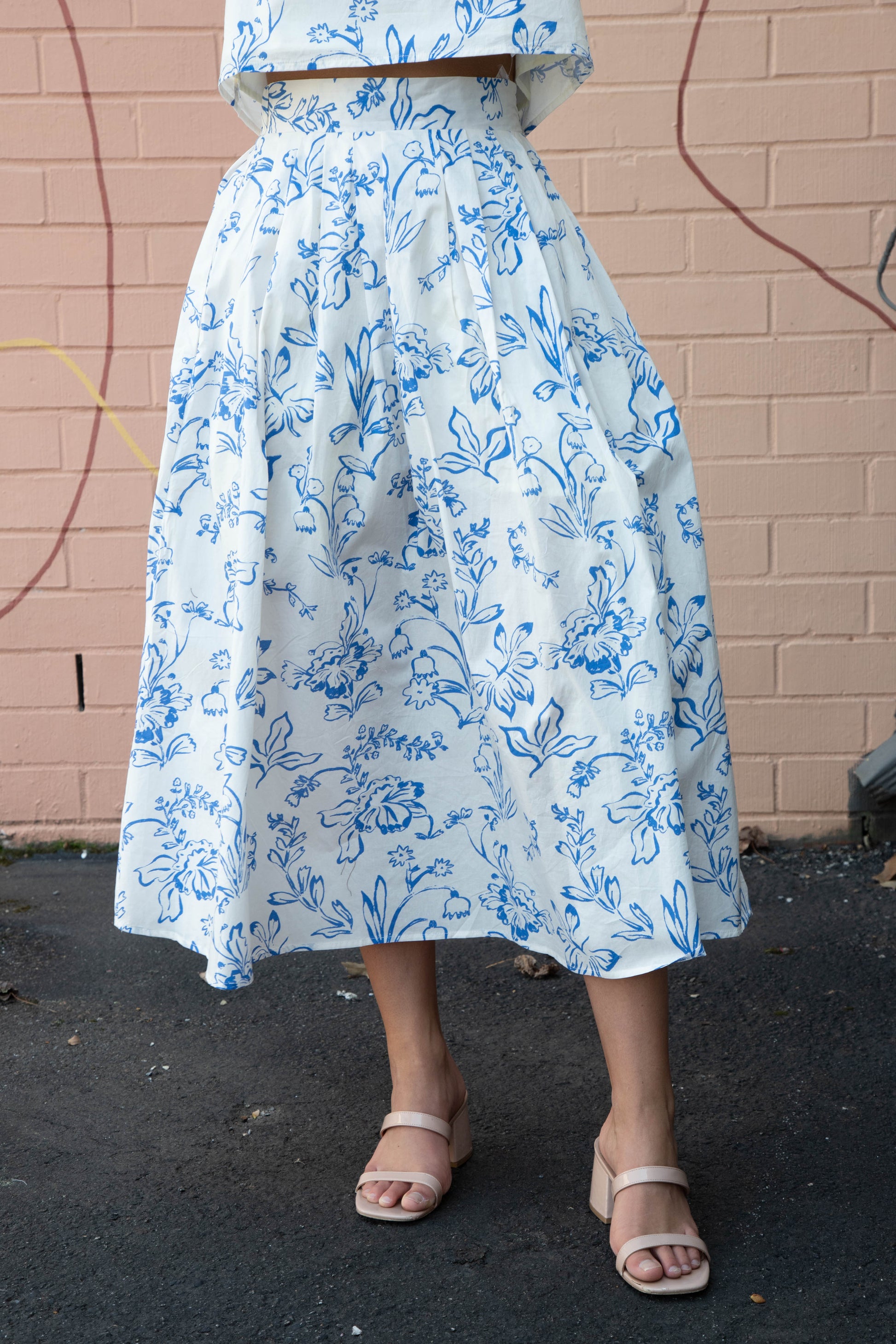  Brynn Floral Pleated Midi Skirt, Cream Blue