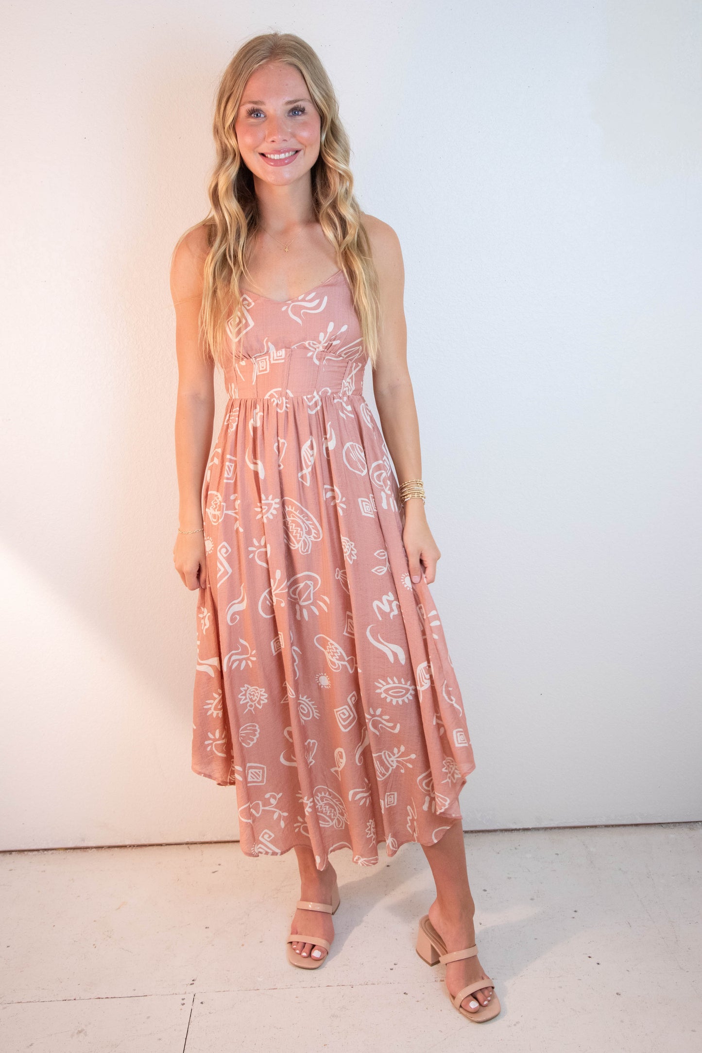  Jordan Doodle Print Shirred Waist Dress, Apricot