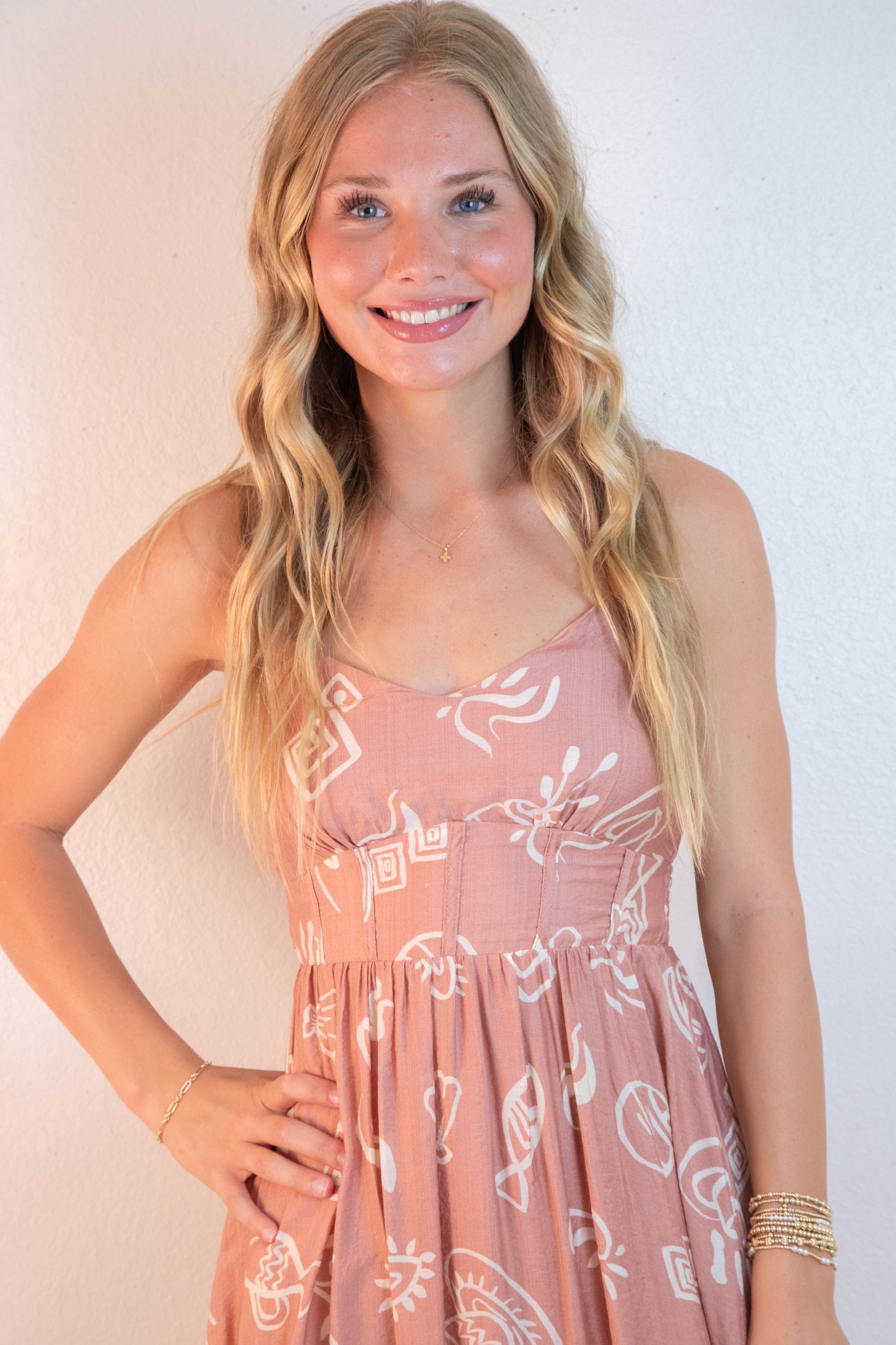  Jordan Doodle Print Shirred Waist Dress, Apricot