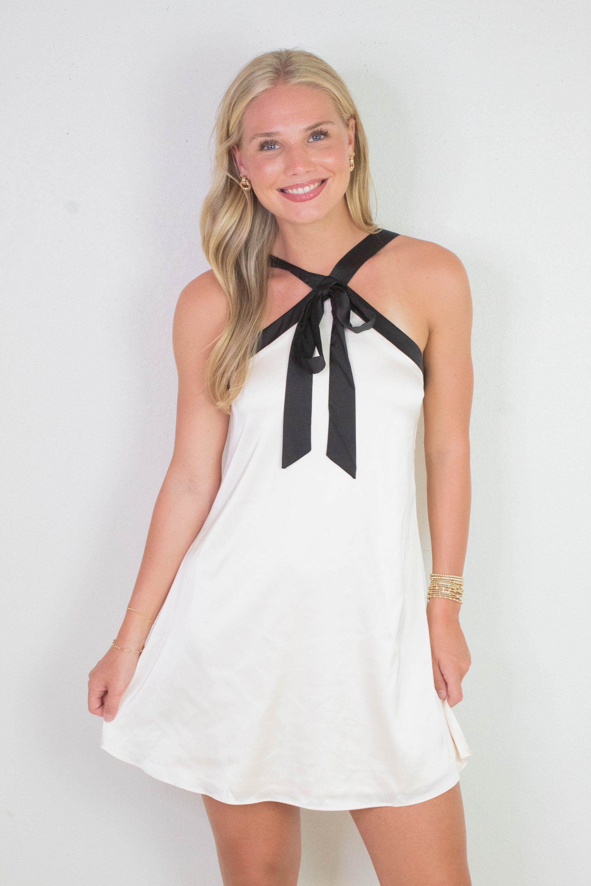  Tabitha Two Tone Halter Neck Dress, Champagne/Black