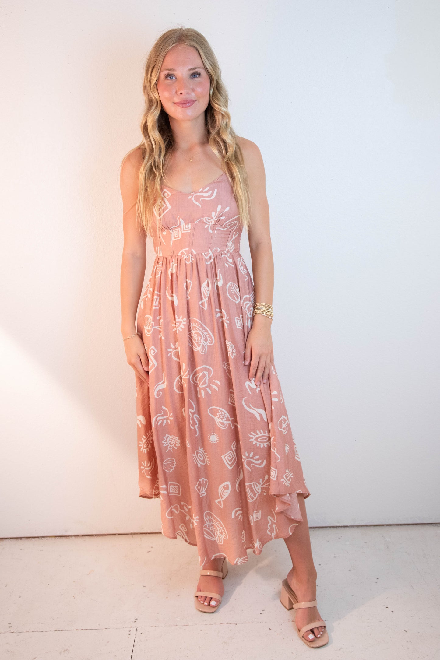 Jordan Doodle Print Shirred Waist Dress, Apricot