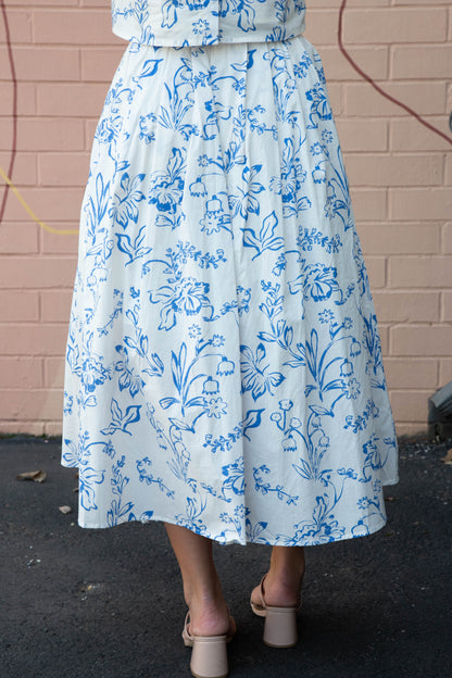  Brynn Floral Pleated Midi Skirt, Cream Blue