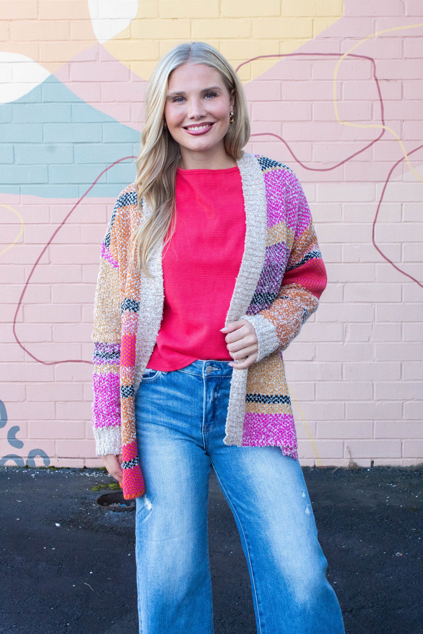  Frankie Oversized Color Block Cardigan, Fuchsia Mustard Multi