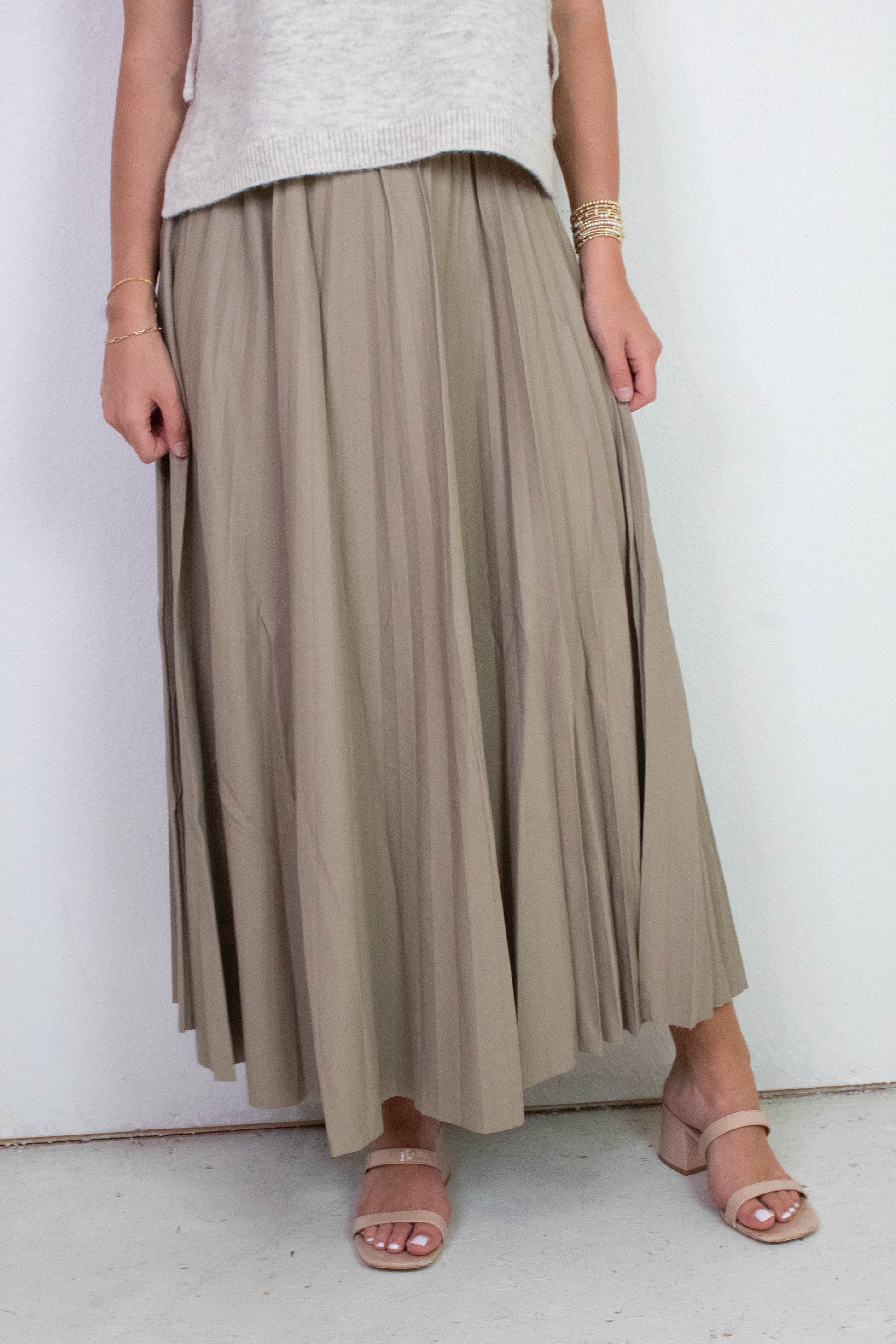  Sallie Vegan Leather Pleated Maxi Skirt, Khaki