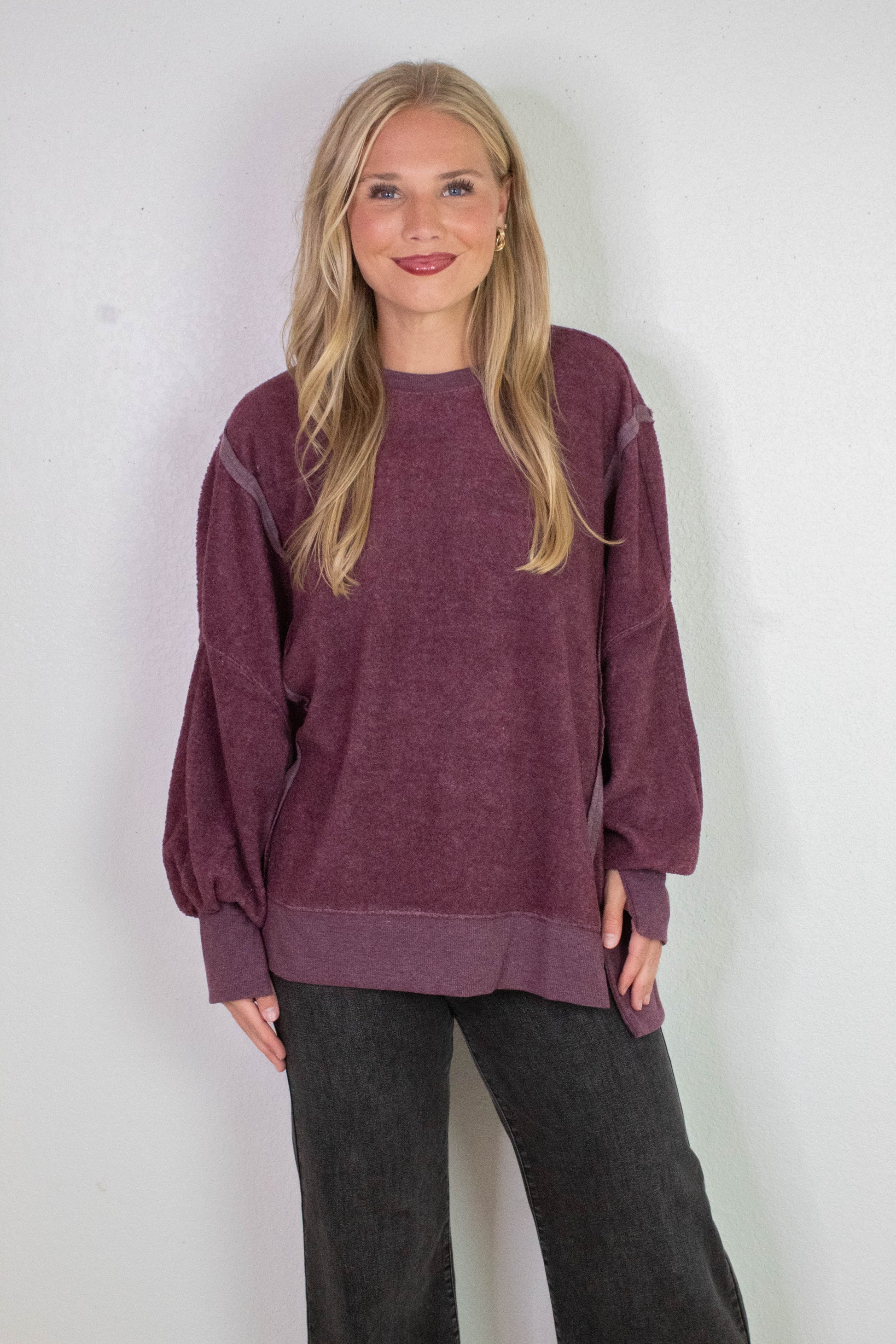  Millie Oversized Crewneck Sweatshirt, Dark Cherry