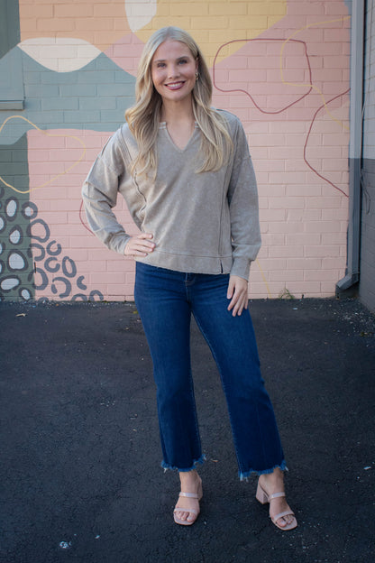  Remy Washed Exposed Seam Knit Top, Tan