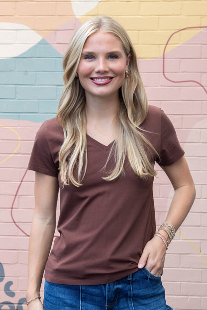 Be Cool Tatum Cotton Jersey V-Neck Tee, Choco