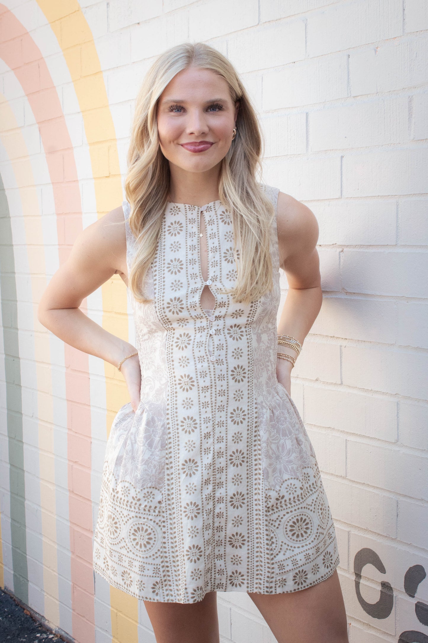  Aubri Printed Button Front Dress, Natural Khaki