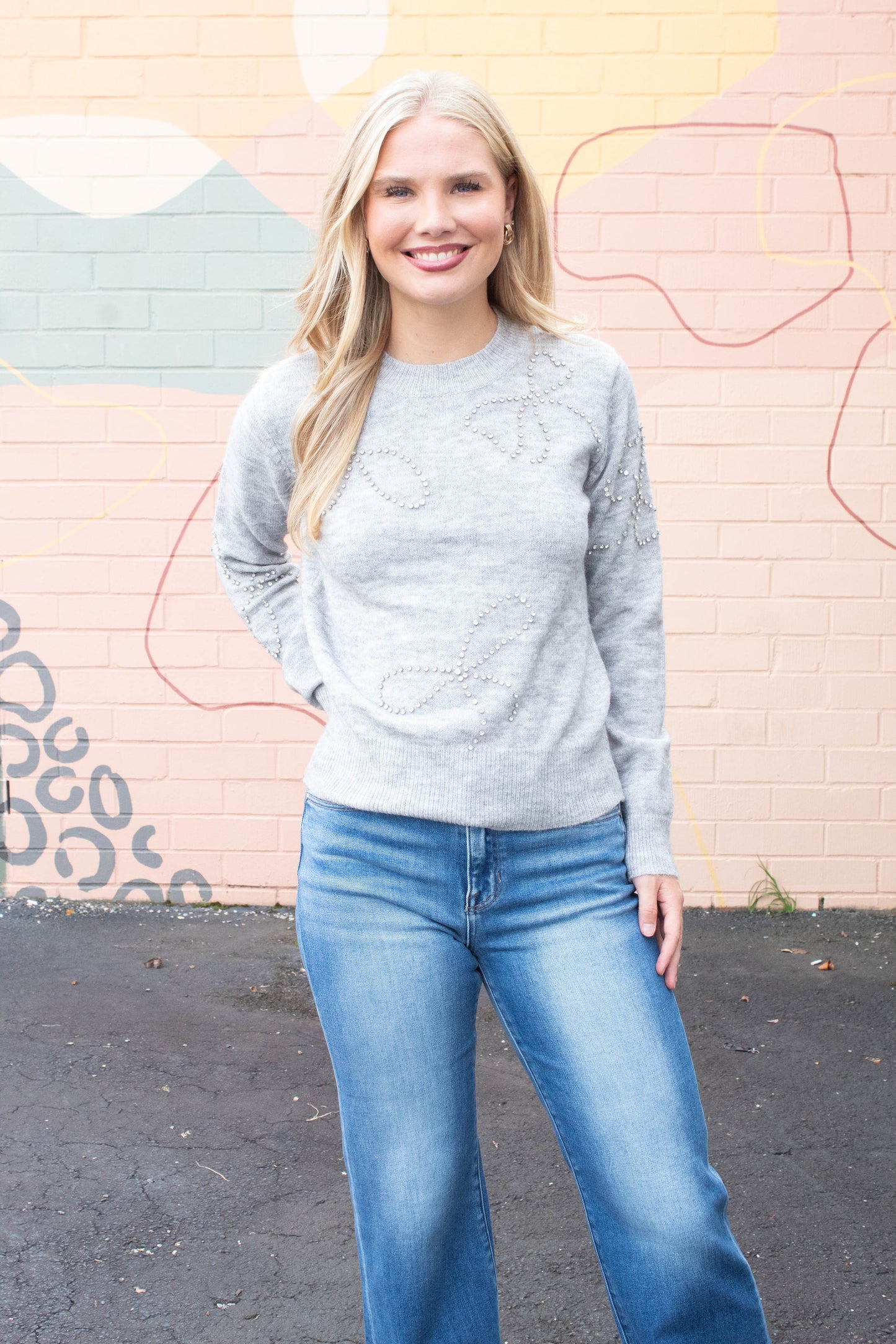  Ginevra Rhinestone Bow Sweater, Light Grey Melange | RD Style