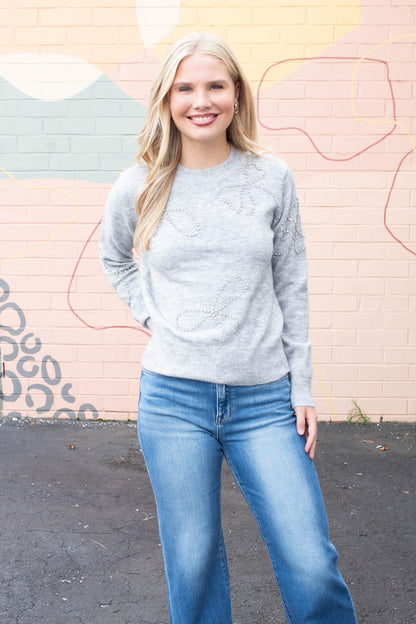  Ginevra Rhinestone Bow Sweater, Light Grey Melange | RD Style