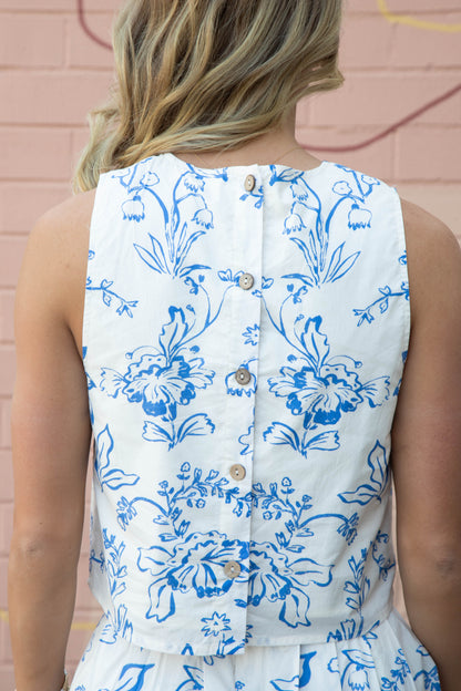  Brynn Floral Sleeveless Top, Cream Blue