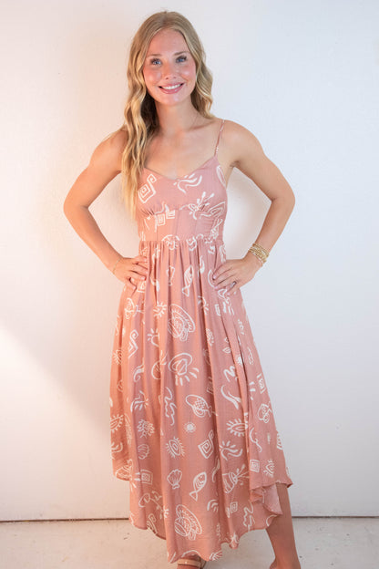  Jordan Doodle Print Shirred Waist Dress, Apricot