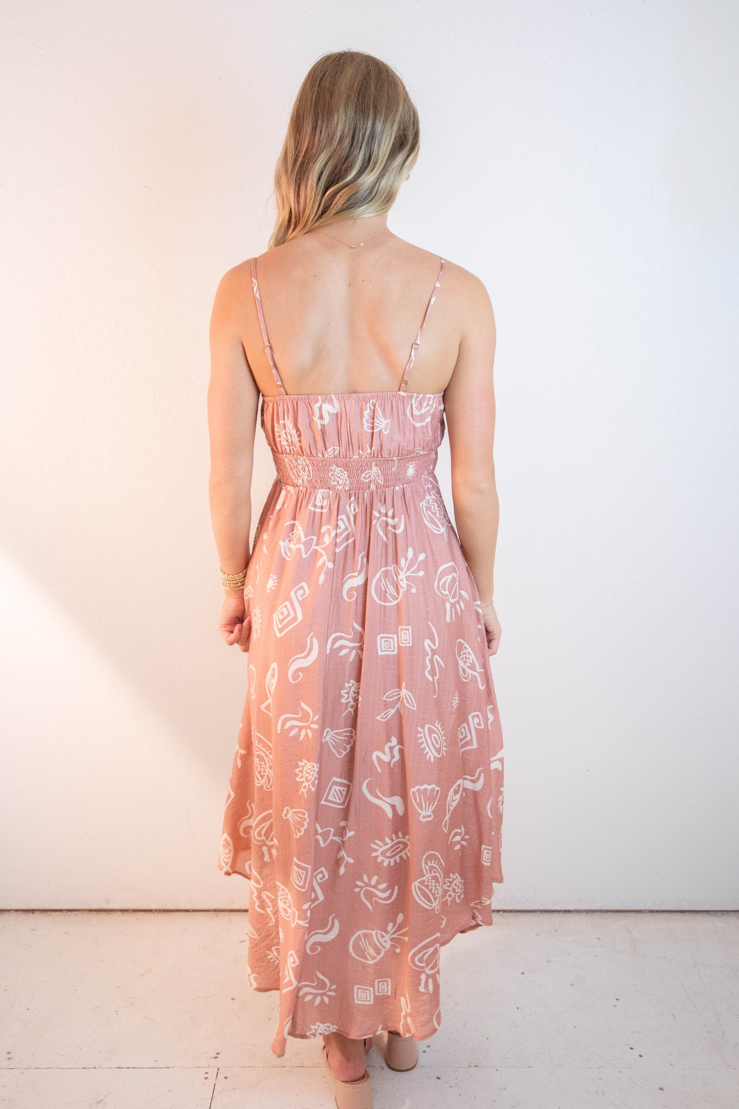  Jordan Doodle Print Shirred Waist Dress, Apricot
