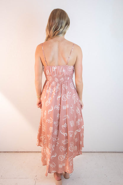  Jordan Doodle Print Shirred Waist Dress, Apricot