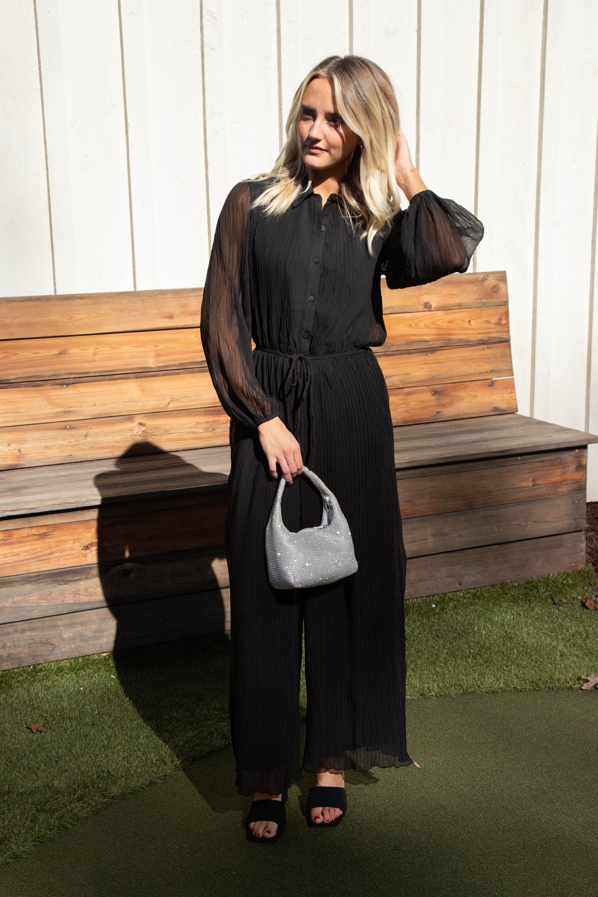  Gathering Button Up Jumpsuit, Black | Sadie & Sage