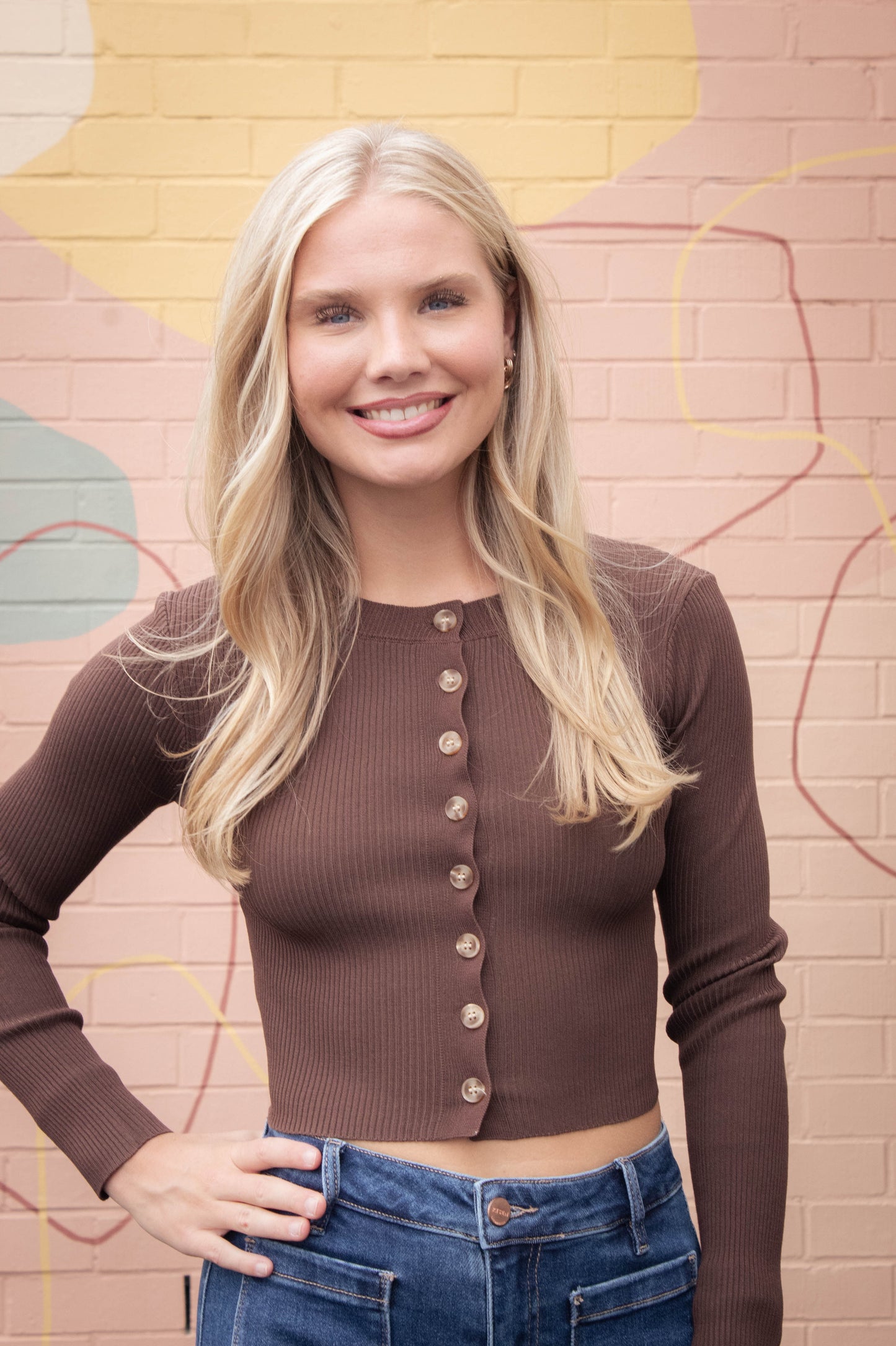  Josie Rib Knit Cropped Cardigan, Brown