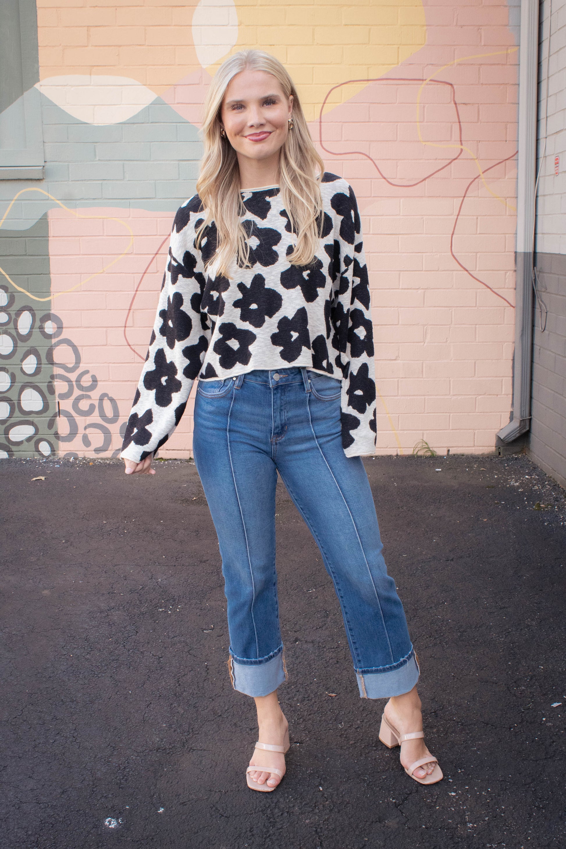  Shiloh Loose Fit Flower Sweater, Black/Oatmeal