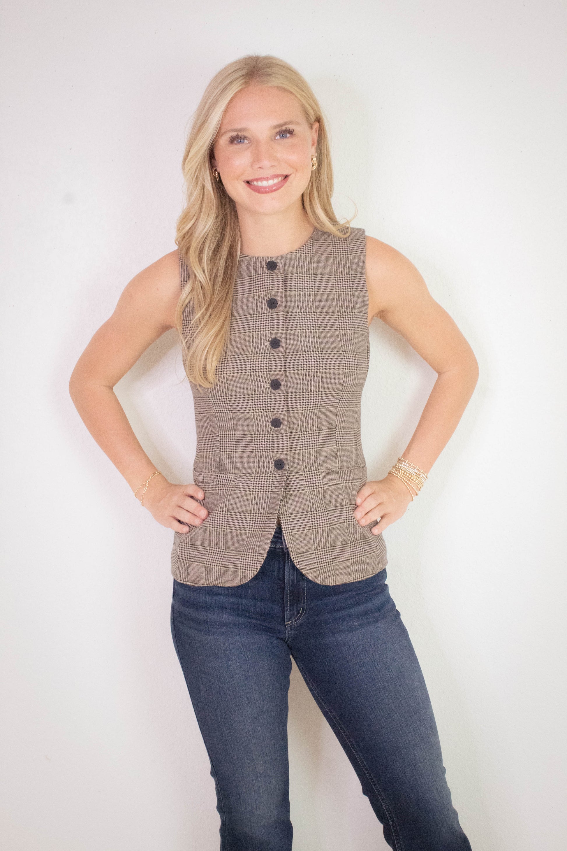  Winslow Check Woven Vest, Taupe/Pink
