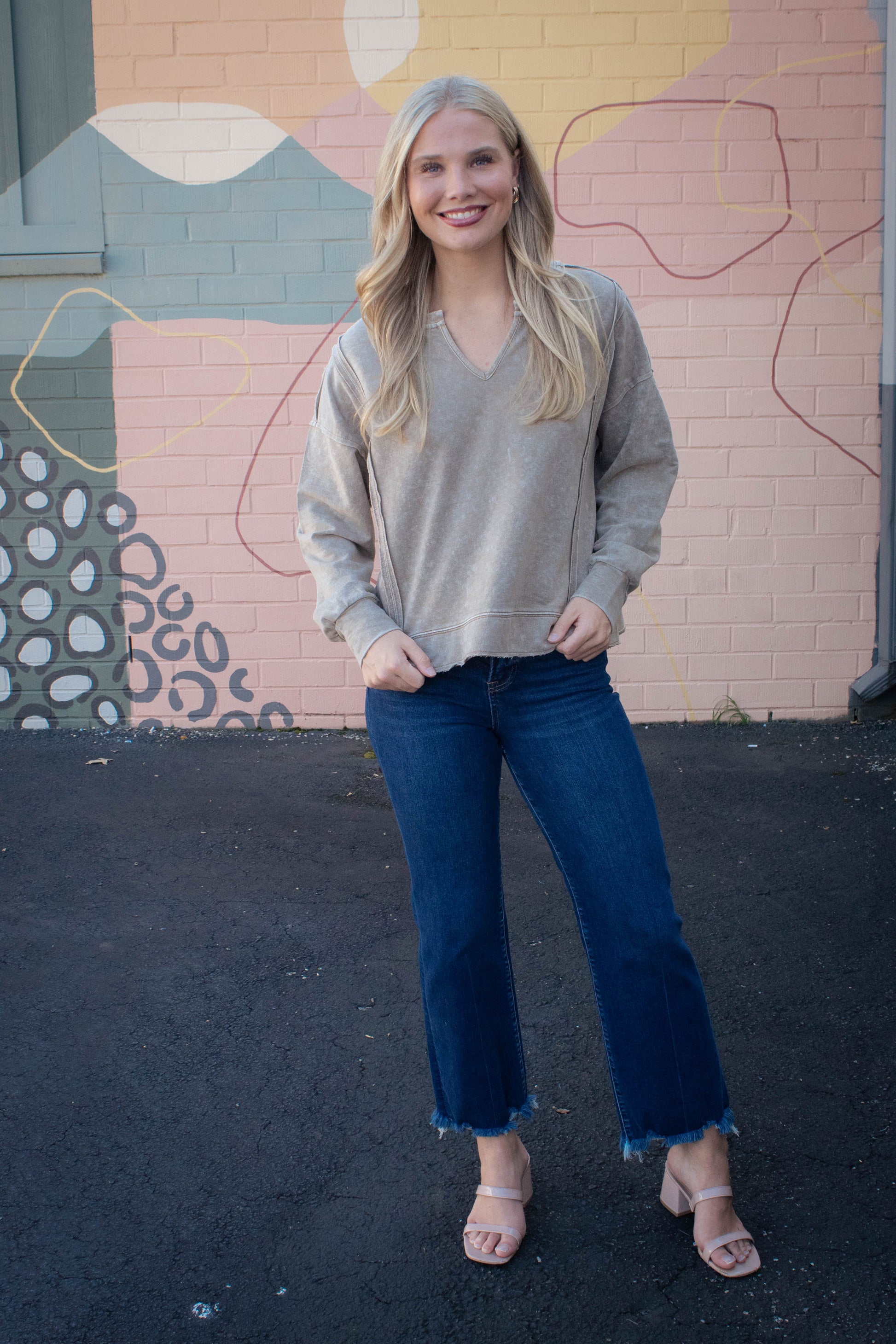  Remy Washed Exposed Seam Knit Top, Tan