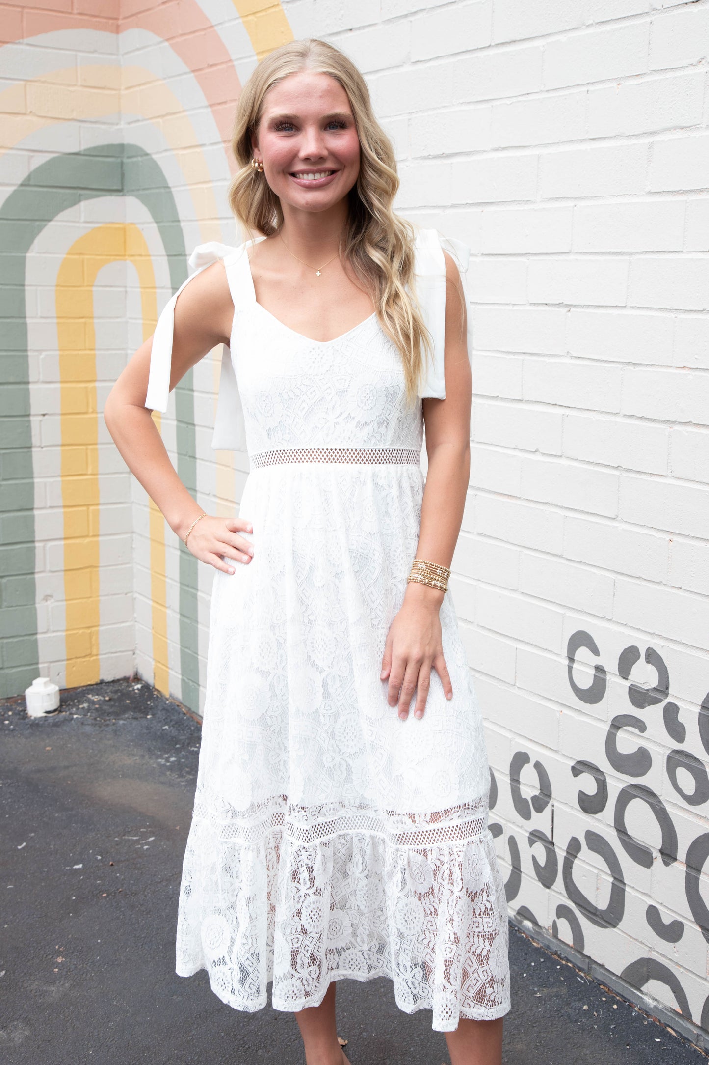  Gabriela Lace Sheer Trim Midi Dress, Off White