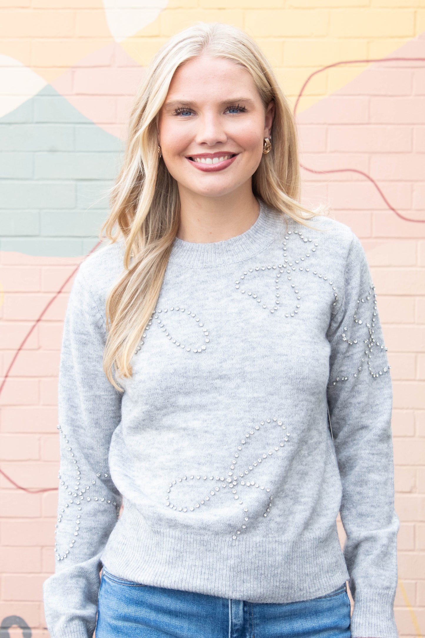  Ginevra Rhinestone Bow Sweater, Light Grey Melange | RD Style