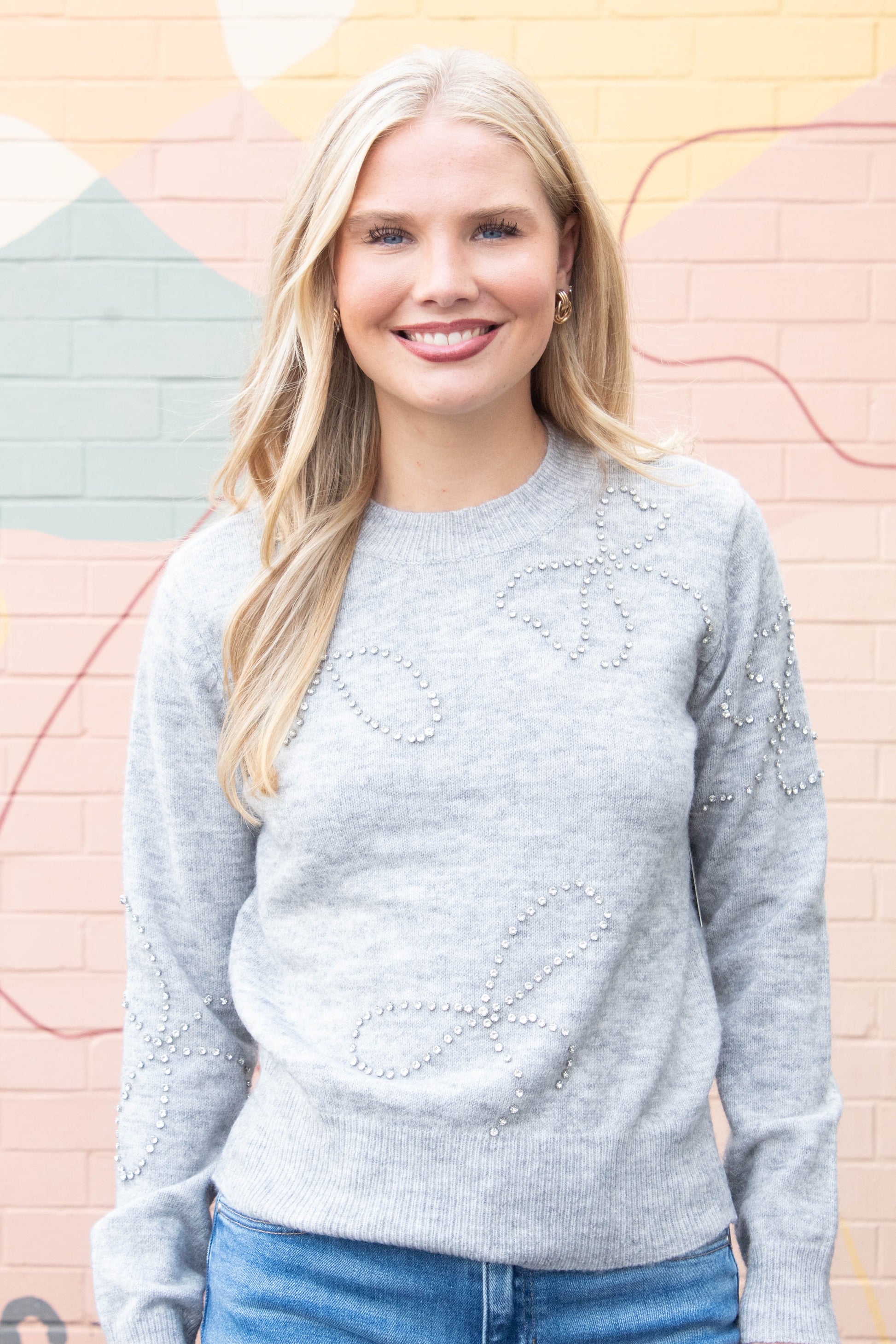  Ginevra Rhinestone Bow Sweater, Light Grey Melange | RD Style