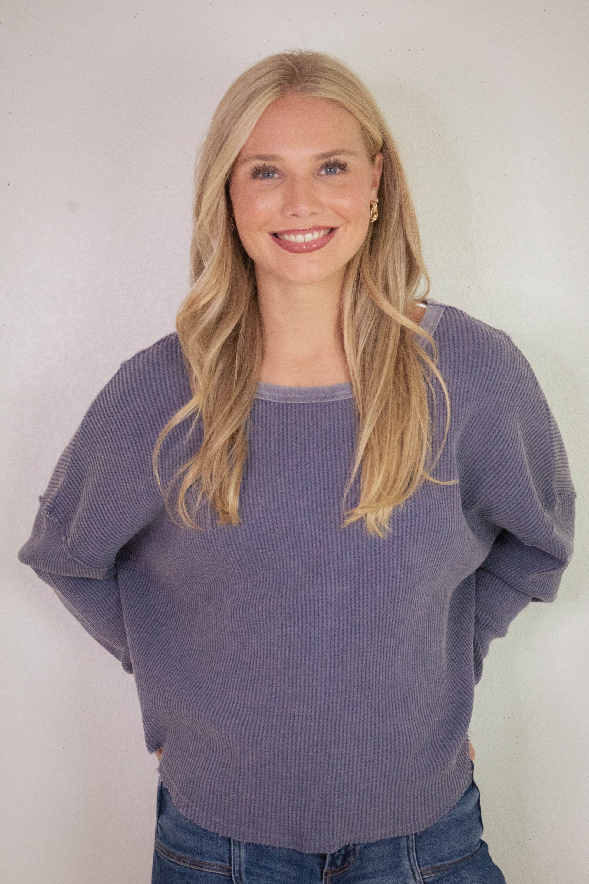  Marlowe Boat Neck Raw Edge Top, Dusty Indigo