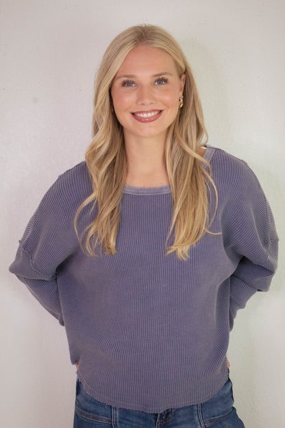  Marlowe Boat Neck Raw Edge Top, Dusty Indigo