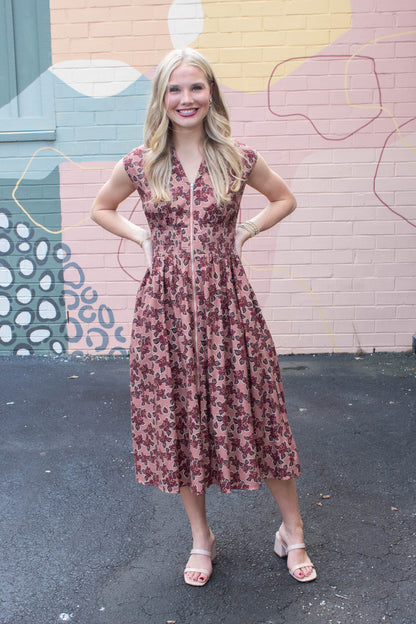 Molly Printed Front Zip Dress, Dusty Rose/Wine