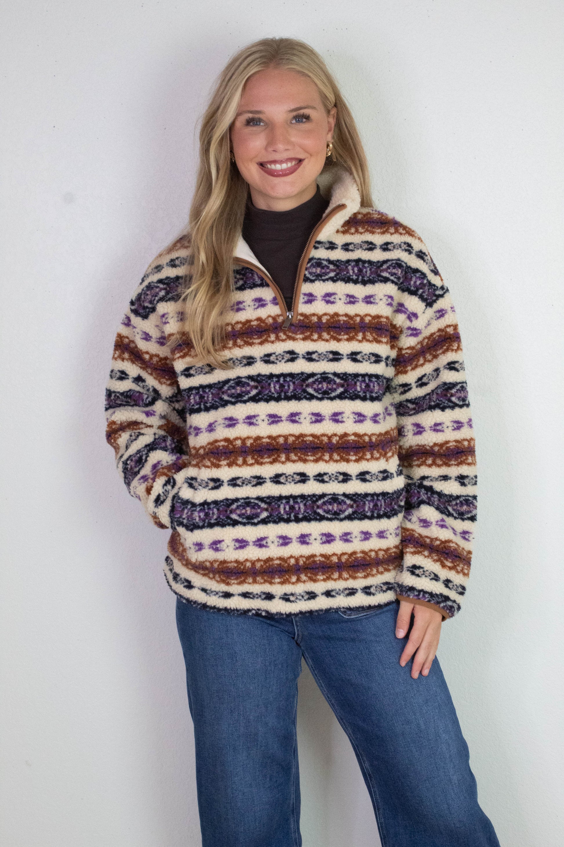  Alpine Sherpa Half Zip Striped Jacket, Tobacco | RD Style