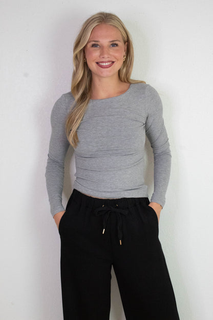  Elowyn Double Layer Rib Knit Tee, Heather Grey