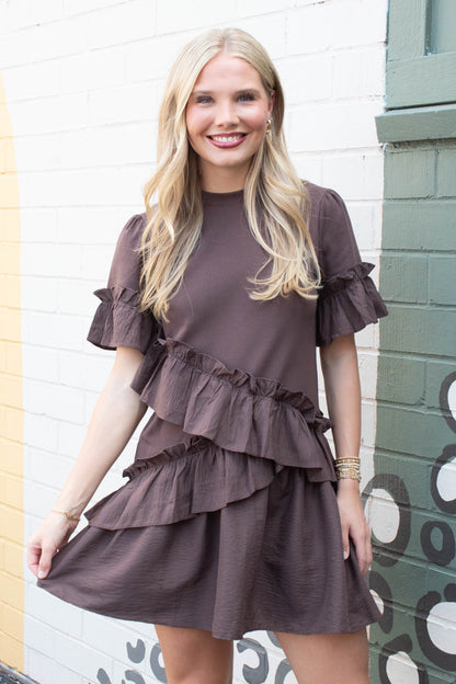  Cora Ruffle Detailed T-Shirt Dress, Cocoa