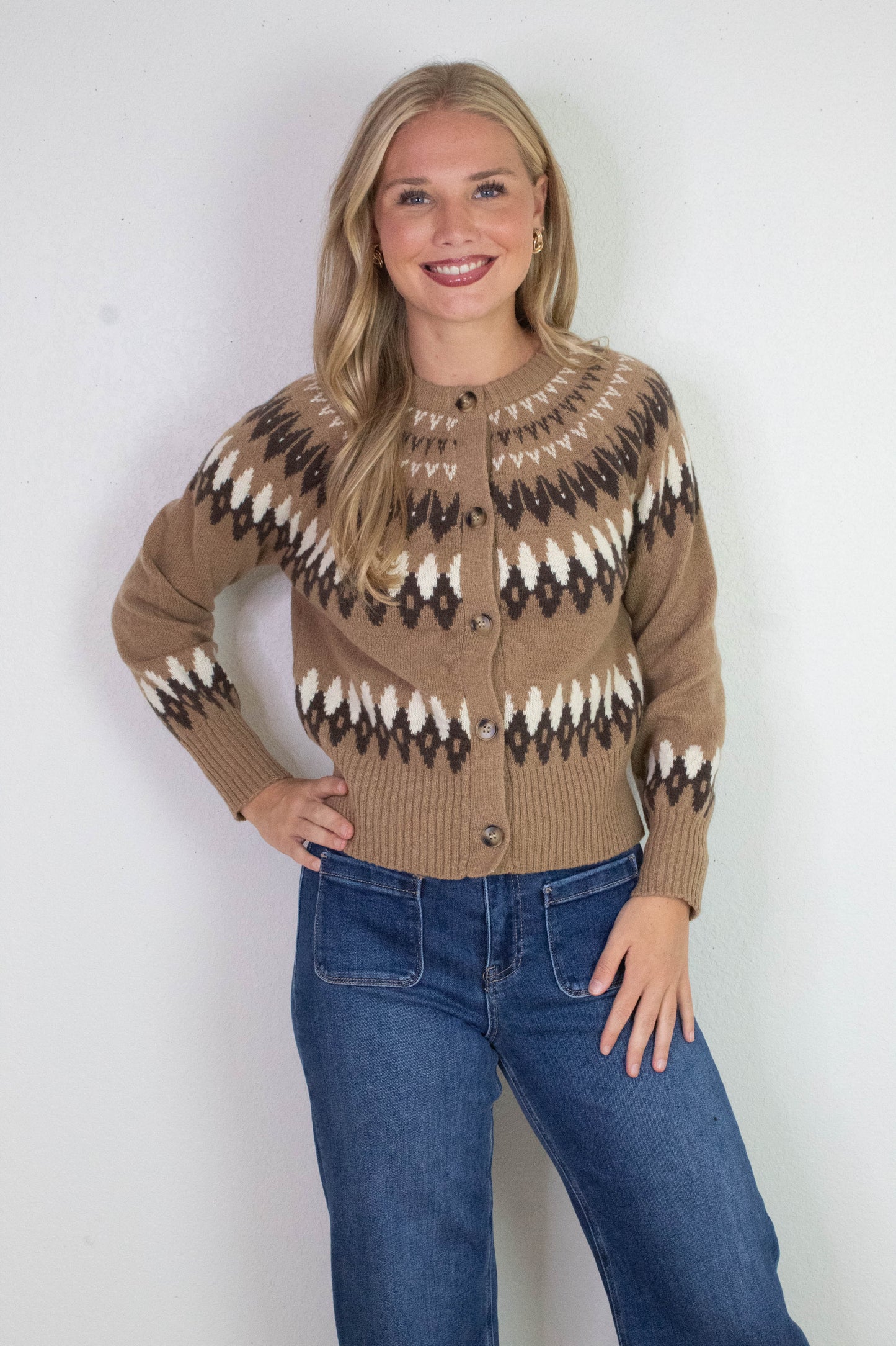 Luna Multicolor Fair Isle Cardigan, Khaki Multi