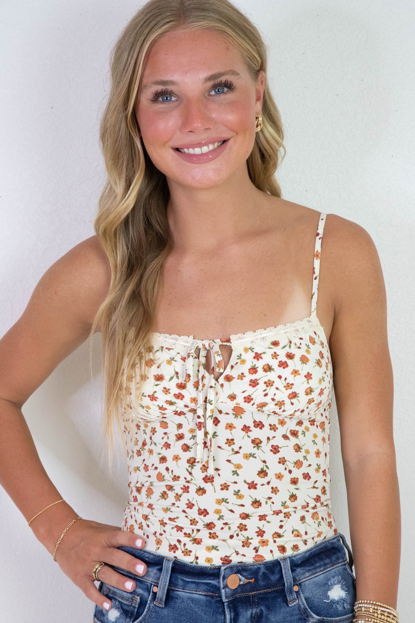 Emily Floral Front Tie Cutout Cami, Cream Multi