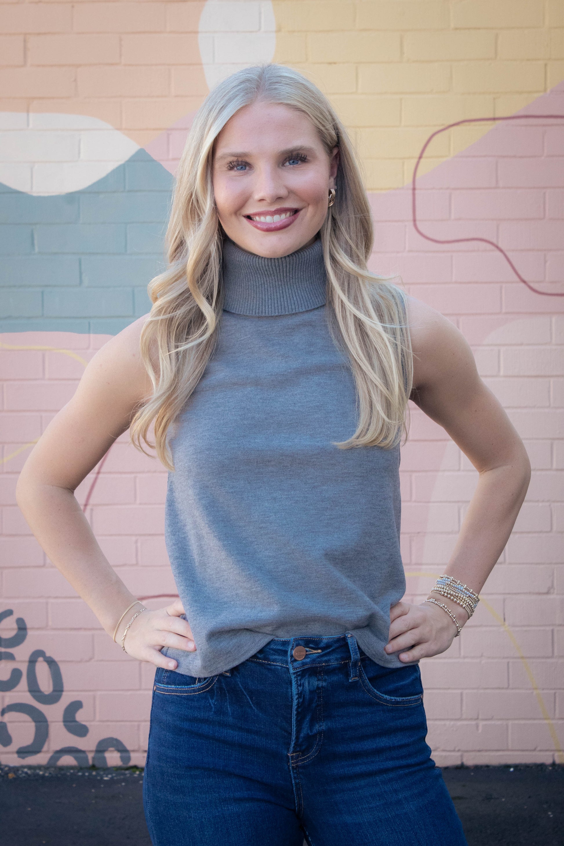  Zoe Sleeveless Turtle Neck Top, Heather Grey
