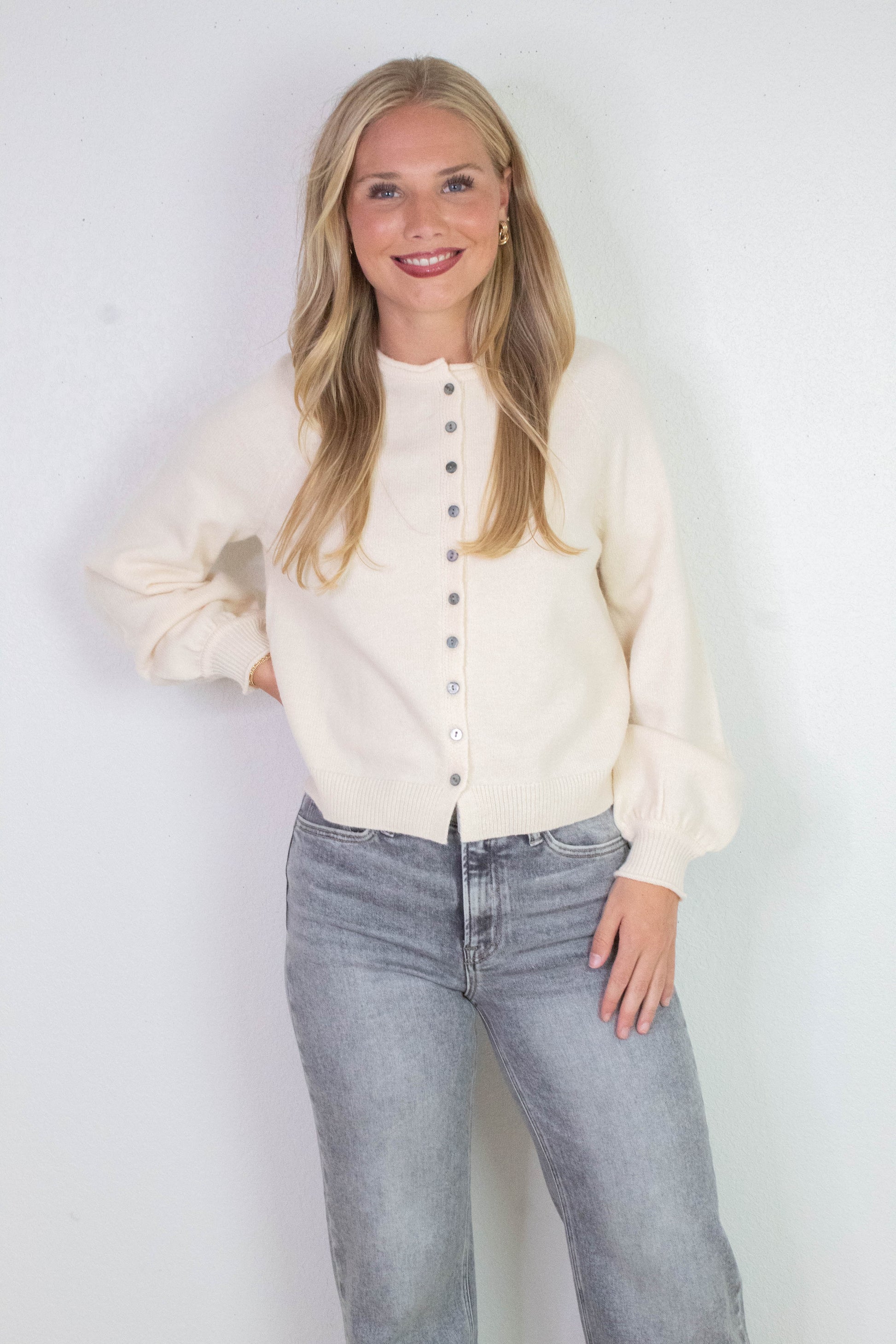  Juliette Rolled Edge Balloon Sleeve Cardigan, Cream