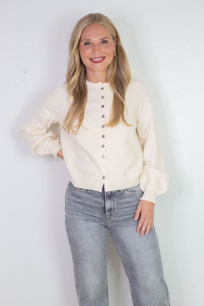  Juliette Rolled Edge Balloon Sleeve Cardigan, Cream