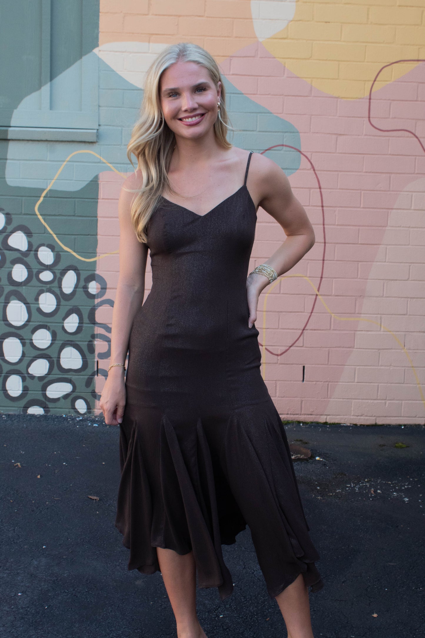  Phoebe Shimmering Asymmetric Hem Dress, Brown