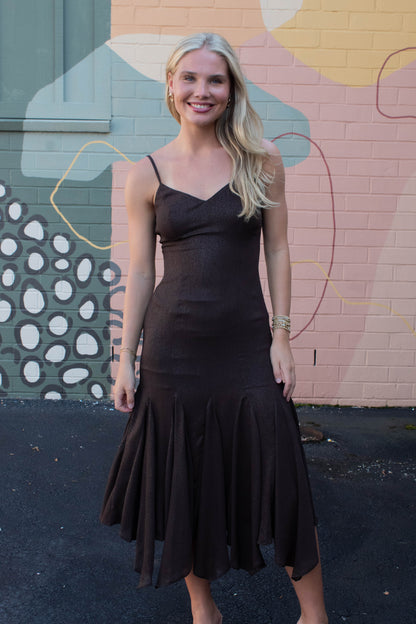  Phoebe Shimmering Asymmetric Hem Dress, Brown