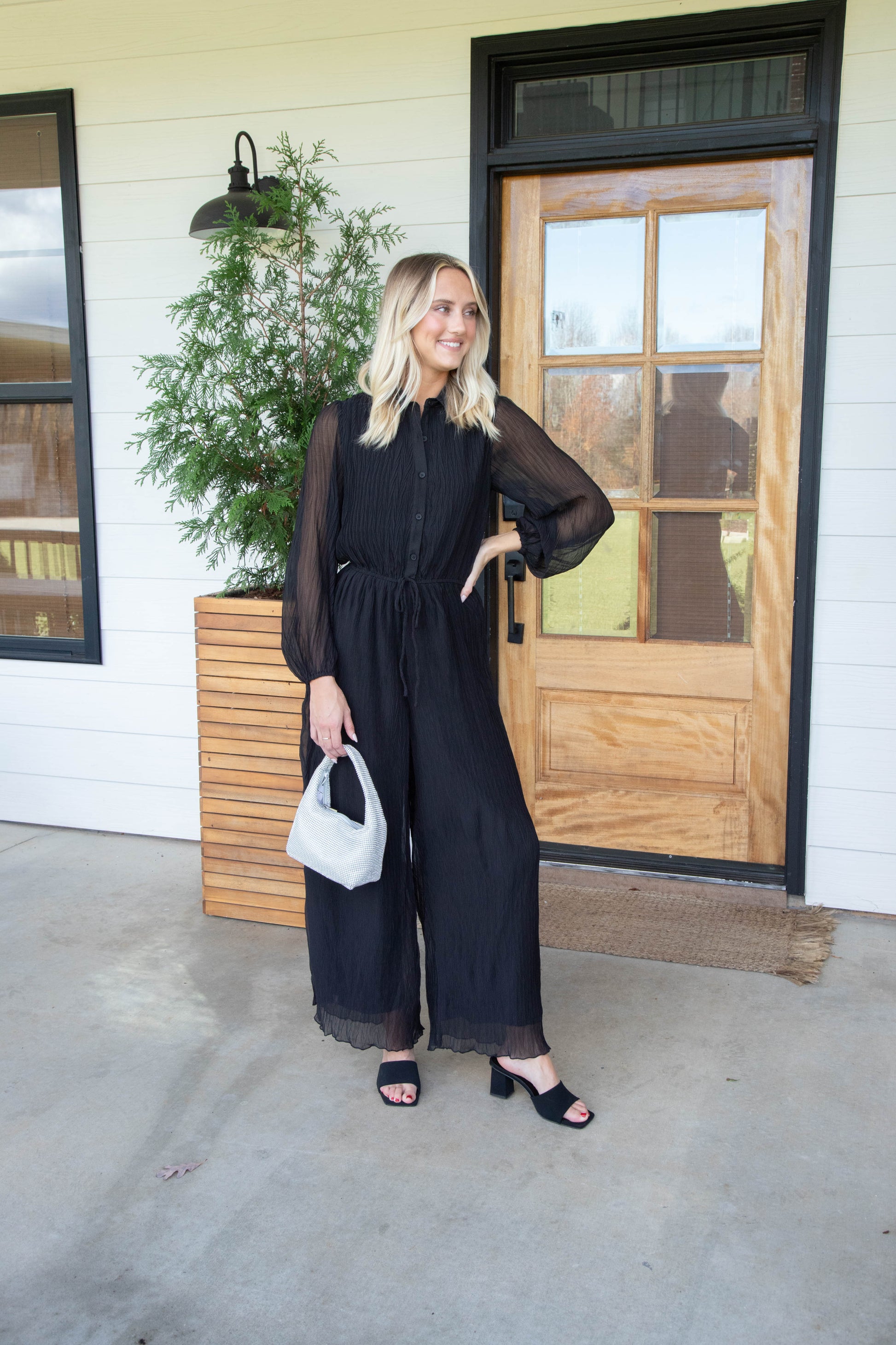 Gathering Button Up Jumpsuit, Black | Sadie & Sage