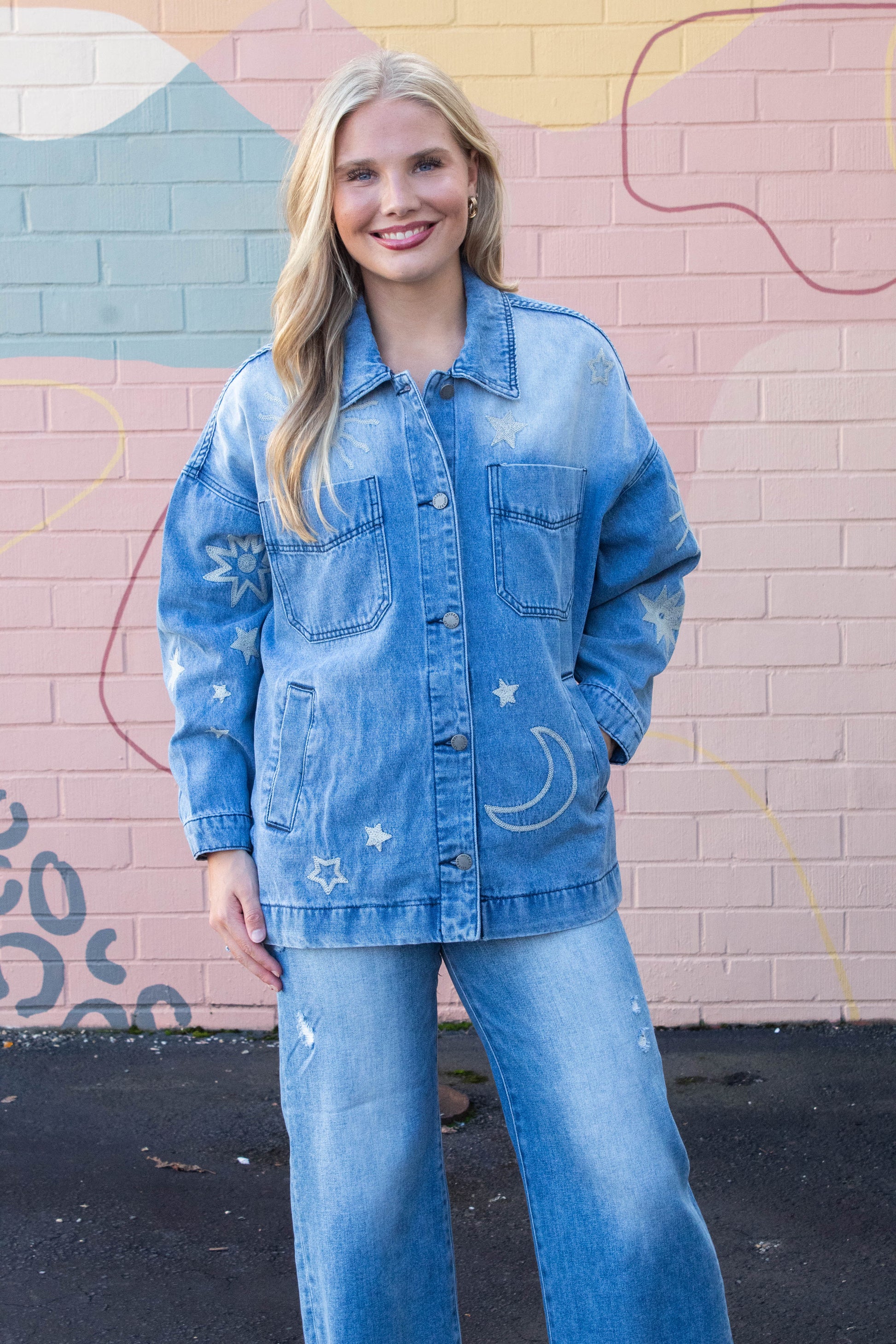  Ashley Embroidered Denim Jacket, Medium Wash