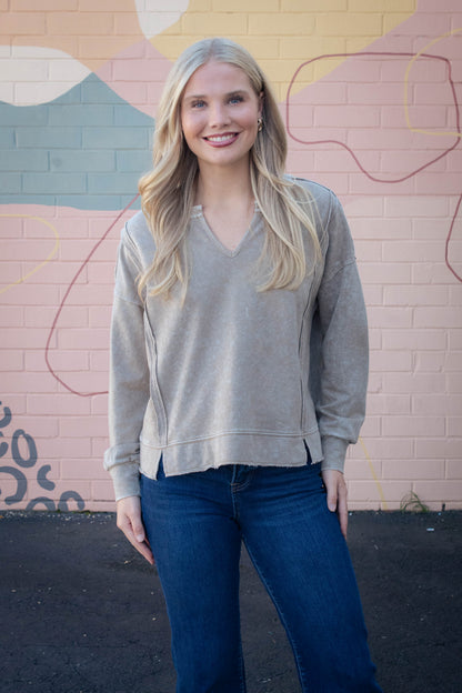  Remy Washed Exposed Seam Knit Top, Tan