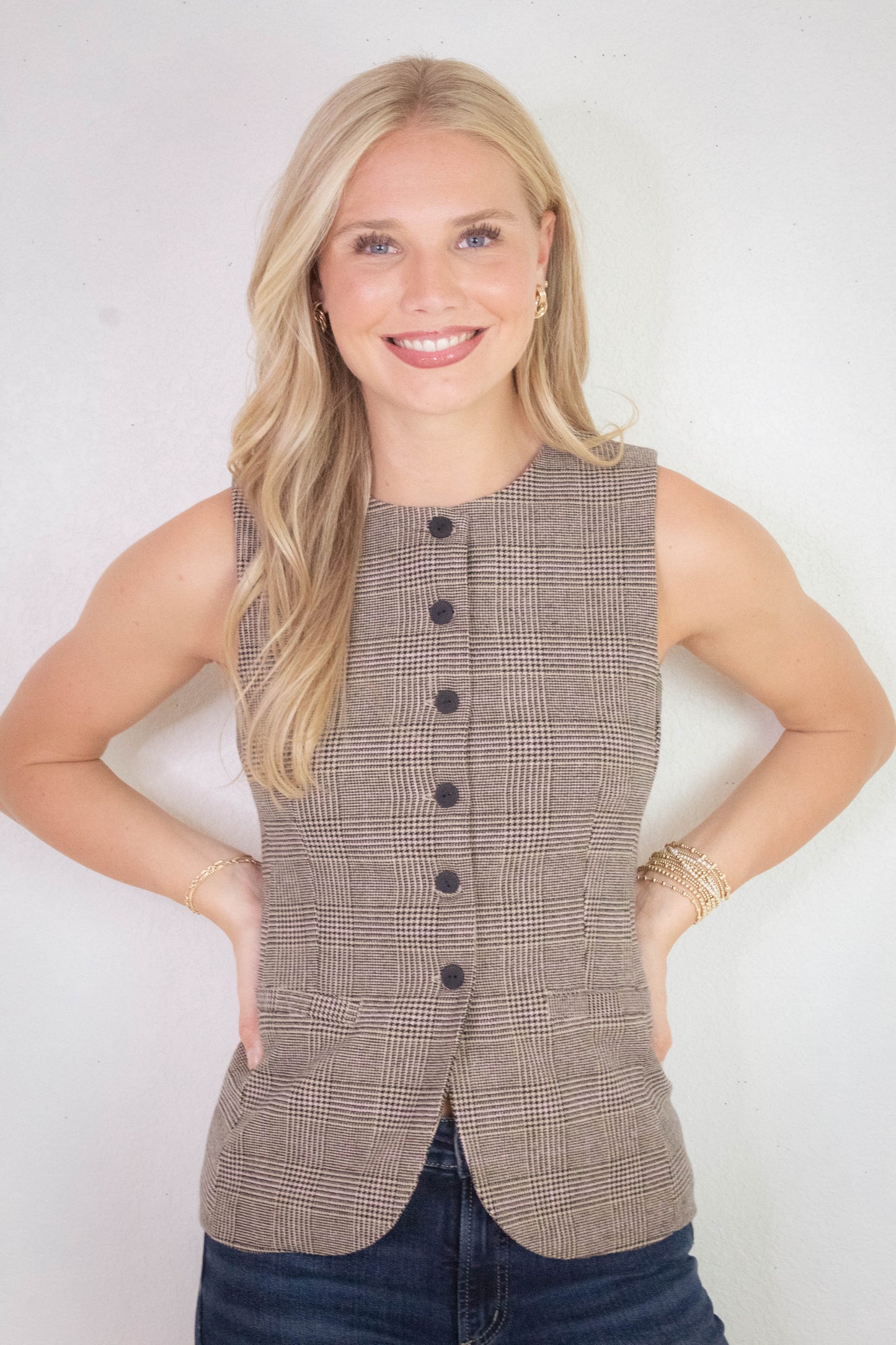  Winslow Check Woven Vest, Taupe/Pink